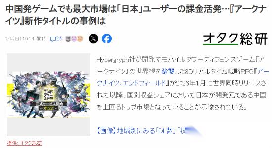 真爱拉电线 终末地 日本市场收入超中国:全球第一
