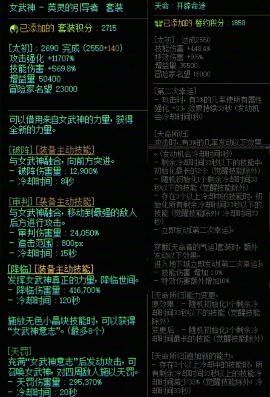 DNF女武神加天命搭配属性一览