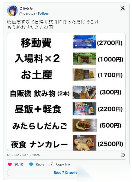 日网友回国后抱怨物价飞涨 一看账单还有一台游戏机