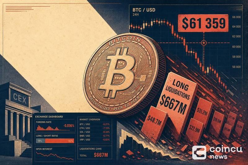 BTC价格达61,359美元，或引发6.67亿美元多头清算：CEX数据